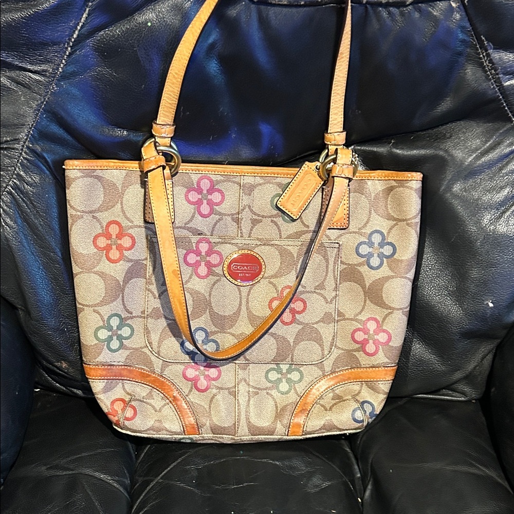 Coach Tan Tote with Colorful Floral Design
